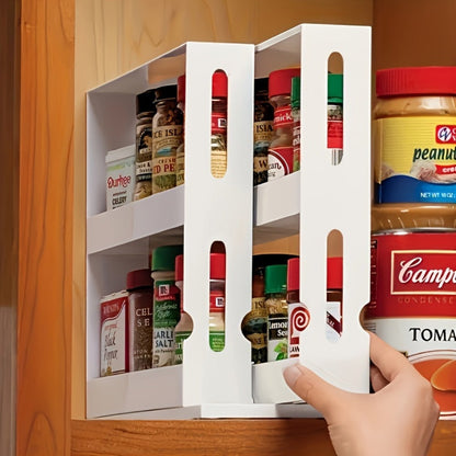 Two-Tier Rotating White Cabinet Organizer with Pull-Out Turntable Shelves for Spice and Pantry Storage