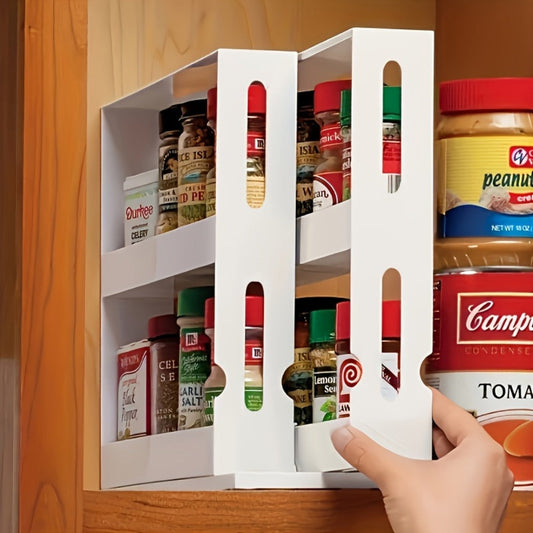 Rotating Spice Rack 2-Tier Turntable – Large Capacity Pull-Out Kitchen Organizer for Countertop & Cabinet – Multi-Functional 360° Spinning Storage Rack for Spices, Condiments & Kitchen Essentials