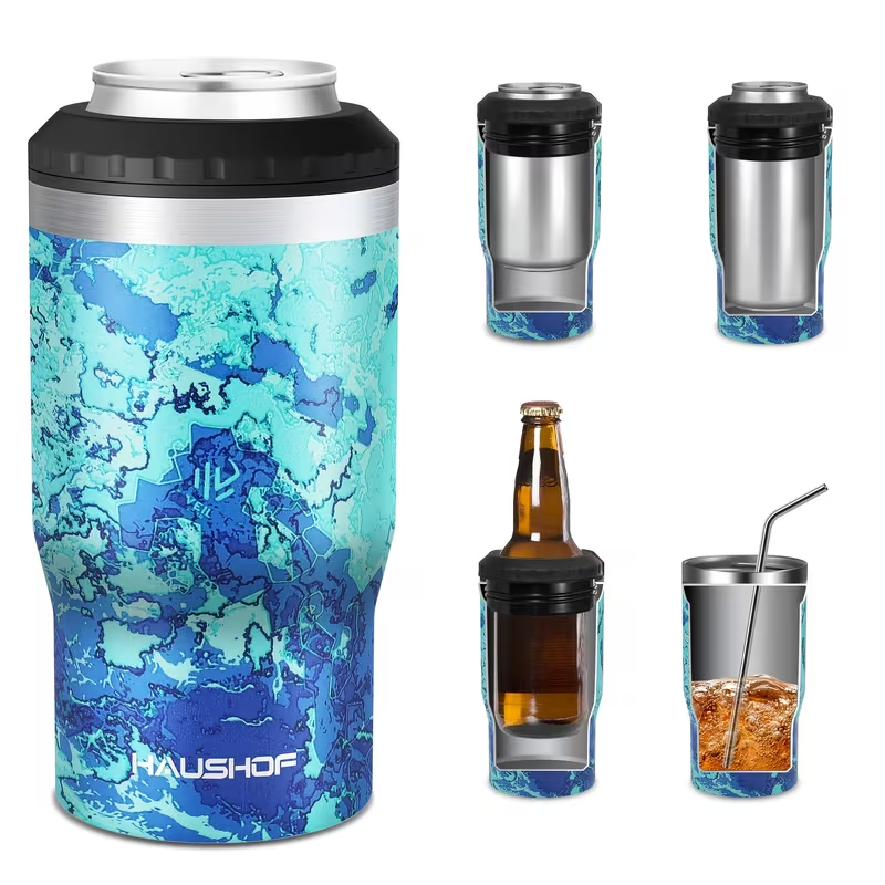 Insulated 12 oz Can Cooler with Double-Wall Body in Black, Navy Blue and Three Camo Color Options