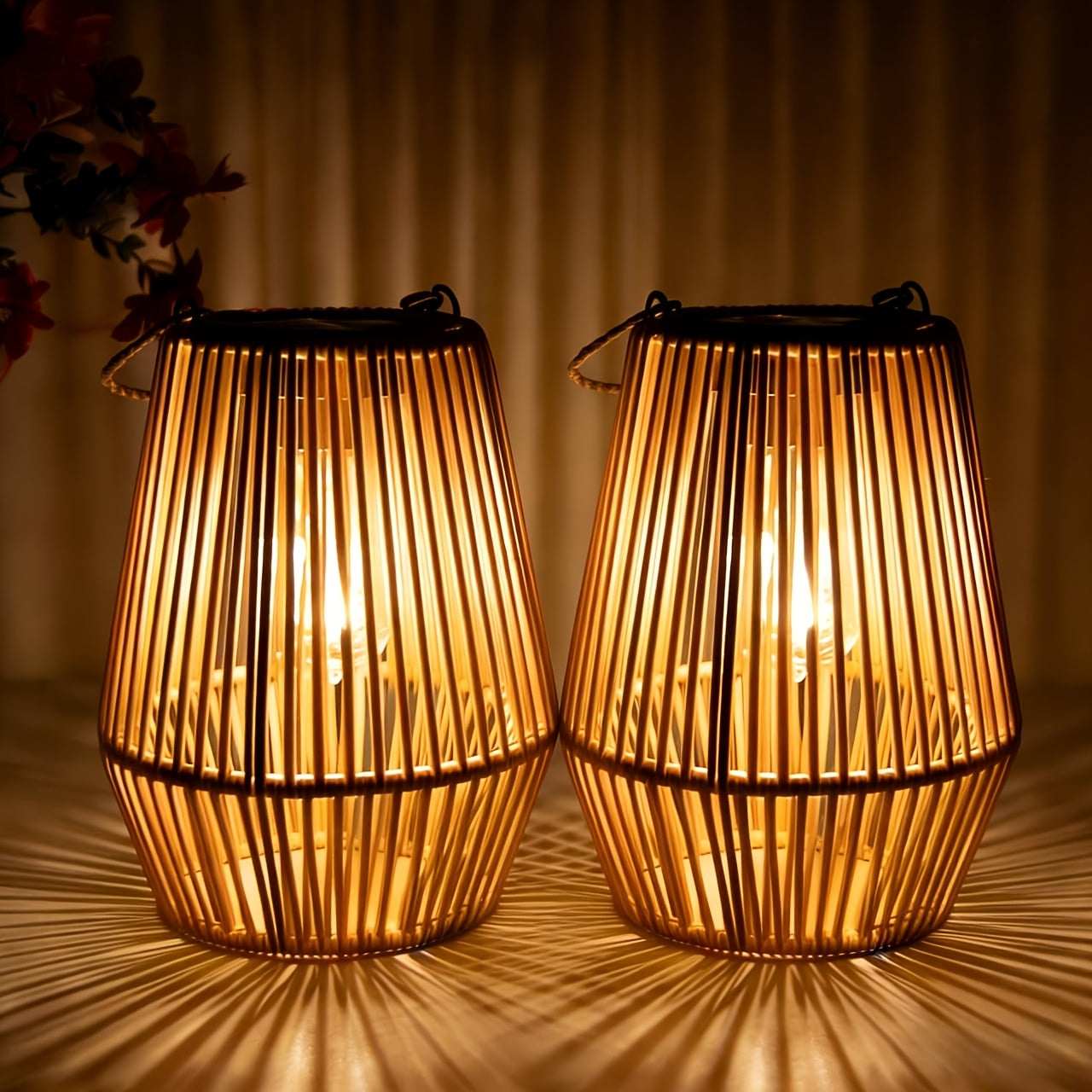 Solar Outdoor Lights Bohemian Bamboo Hanging Lanterns, Warm White, 1/2/4 Piece Sets for Patio Decor