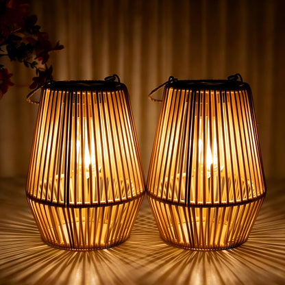 Solar Outdoor Lights Bohemian Bamboo Hanging Lanterns, Warm White, 1/2/4 Piece Sets for Patio Decor
