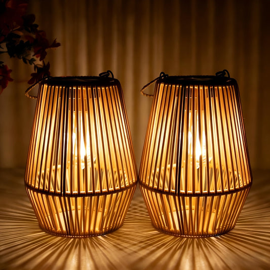 Solar Outdoor Lights Bohemian Bamboo Hanging Lanterns, Warm White, 1/2/4 Piece Sets for Patio Decor