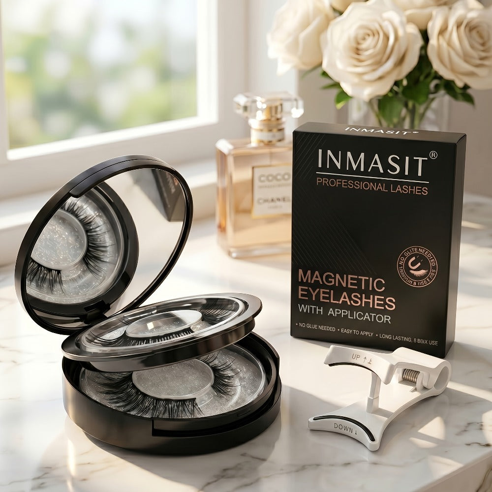 INMASIT Magnetic False Eyelashes Set with Round Storage Case and Applicator in Black or Pink