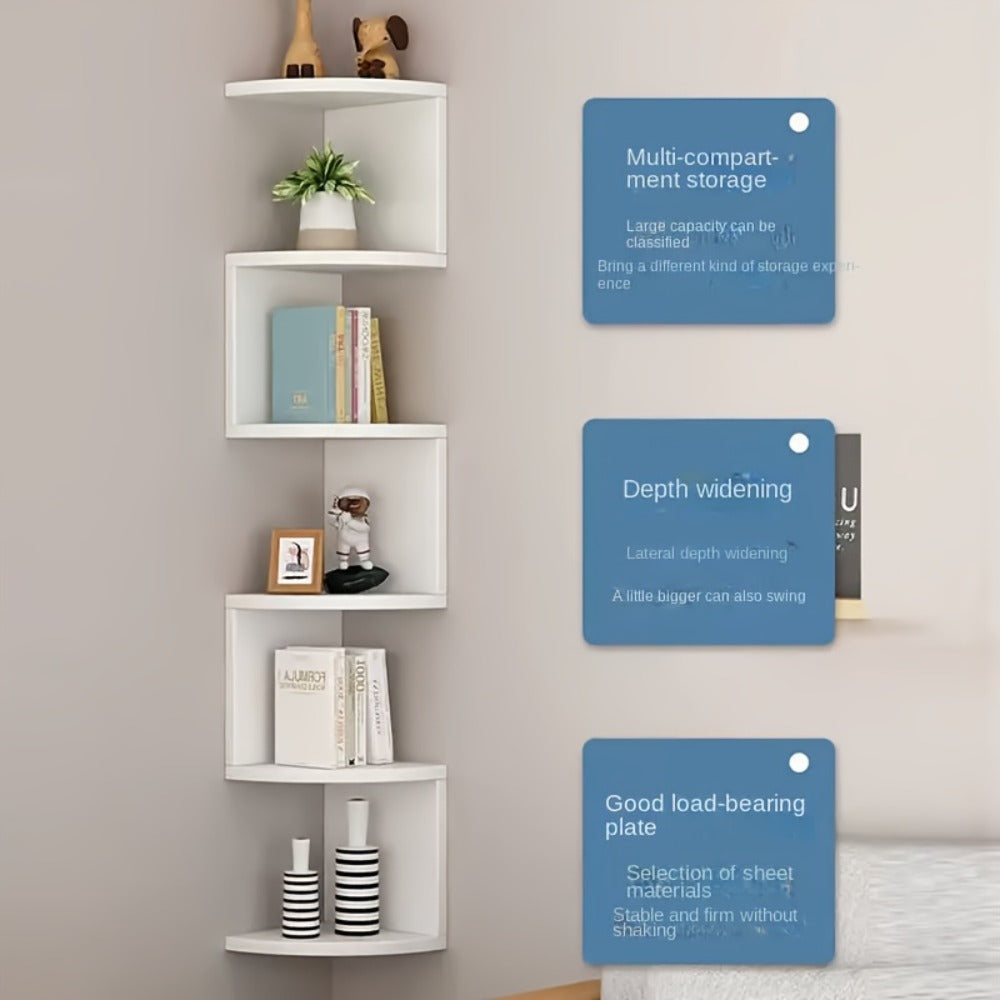 5-Tier Wall-Mounted Corner Shelf – Space-Saving Floating Storage Organizer in White Acrylic for Bathroom, Living Room, Bedroom, Kitchen & Office, Decorative Corner Rack & Versatile Room Organizer