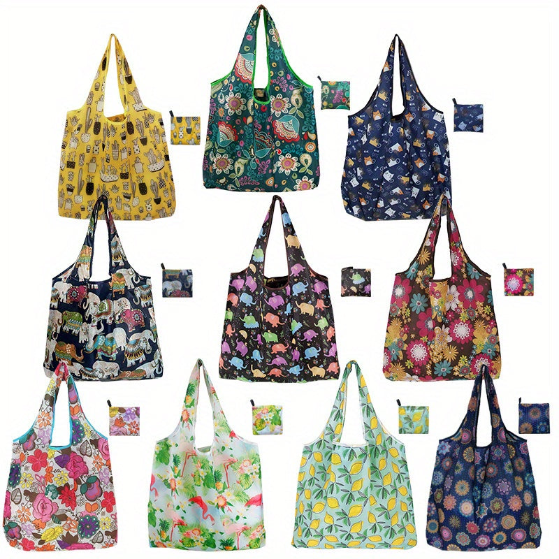 Reusable Foldable Shopping Tote Bag Set with Eight Assorted Printed Designs and Matching Zipper Pouches