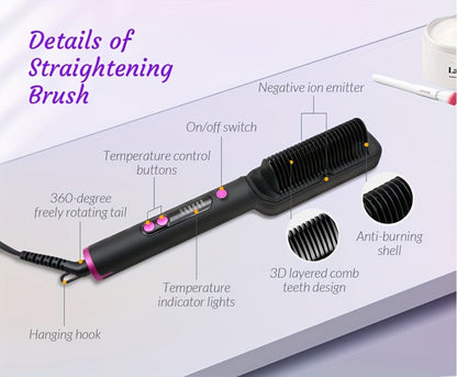 Ionic Hair Straightener Brush Anti-Scald – Precise Temperature Control Auto Shut-Off Straightening Comb Flat Iron for Women All Hair Types – Rose Gold, Black, Gift for Her