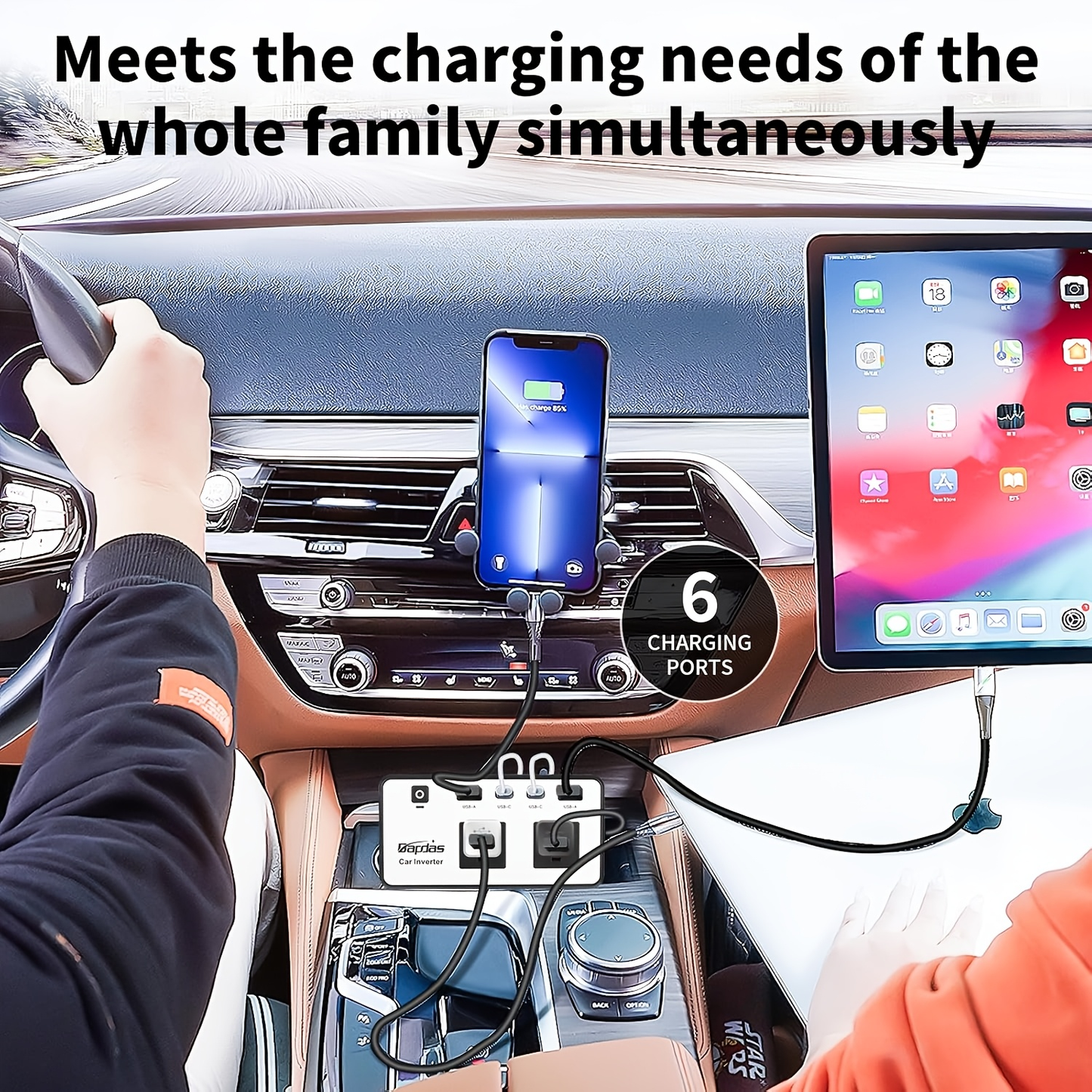 Car Inverter 200W DC 12V to AC 110V with Dual AC Outlets 24W USB-C Fast Charging 4 USB Ports Portable Laptop Phone Charger Adapter for Car Truck RV Travel