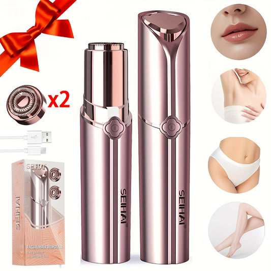 Electric Shaver for Women USB Rechargeable Epilator Hair Remover Face Bikini Legs Arms Underarms Portable Body Trimmer with Velvet Pouch 2 Replacement Heads Painless Compact Travel-Ready Multi-Purpose