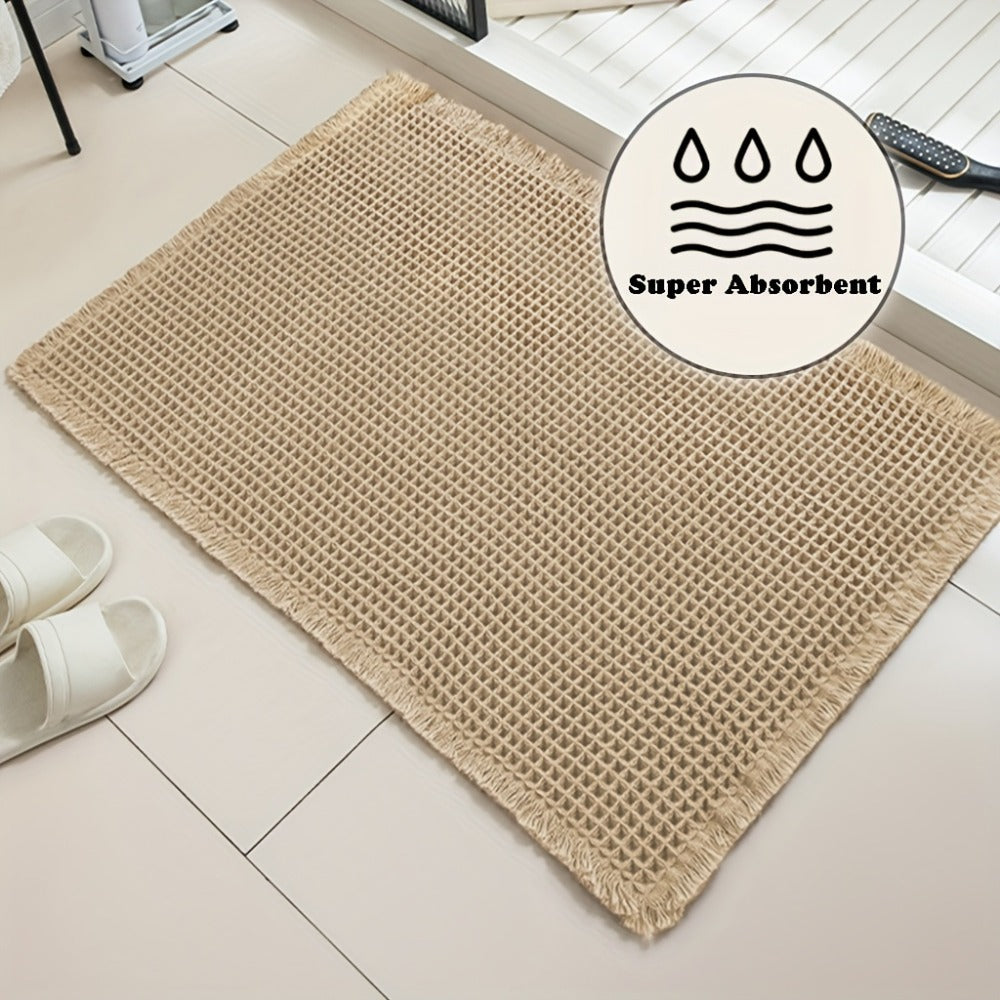 Tasseled Knit Bath Mat with Rectangular Profile, Fringed Edges and 18 x 30 or 24 x 36-Inch Size Options