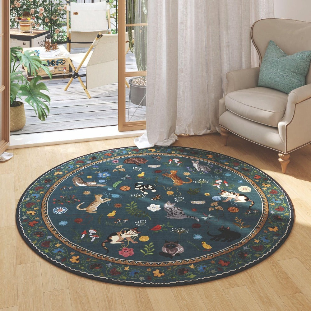 Area Rug, Vintage Blue Cat and Floral Low-Pile Carpet in Rectangle, Runner and Round Size Options