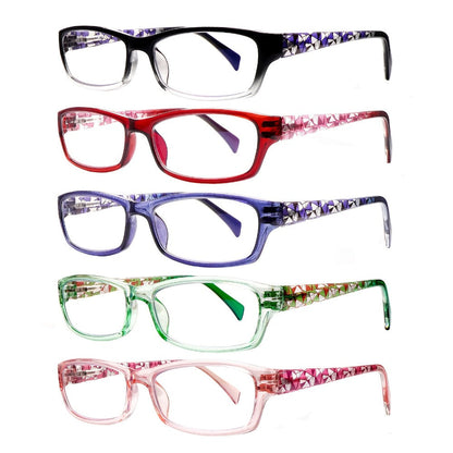 Reading Glasses – Five-Pair Rectangular Blue-Light Lens Set with Spring Hinges and Mixed Colors