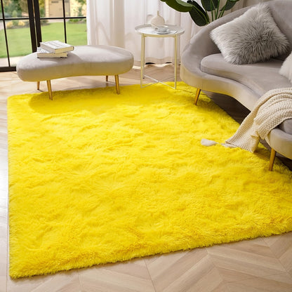 Area Rug Fluffy Faux-Fur Shag in Solid, Tie-Dye and Ombre Colors with Six Retained Room Sizes