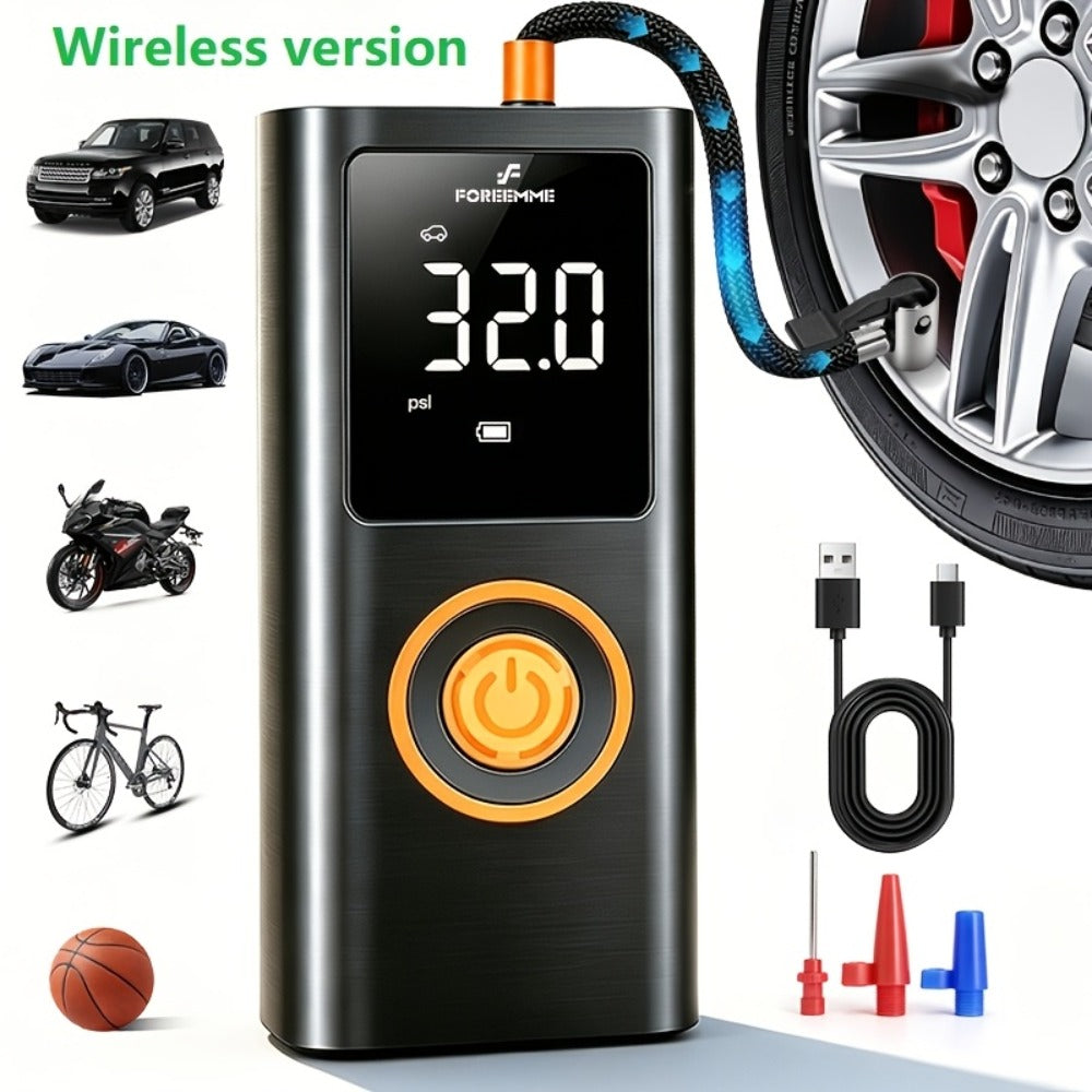 Cordless Tire Inflator Portable USB Rechargeable – Digital Gauge & LED Light, Fast Air Compressor with Auto Shutoff for Car, Bike, Motorcycle & Sports Equipment, Emergency Flat Tire Pump