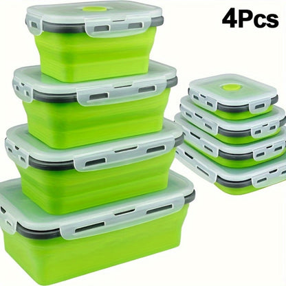 Foldable Meal Prep Containers Set of 4 - Airtight Lids, 4 Sizes, Microwave Dishwasher Refrigerator Safe, Stackable Food Storage for Lunch, Meal Prep, RV, Outdoor Snacks - Green, Red, Blue