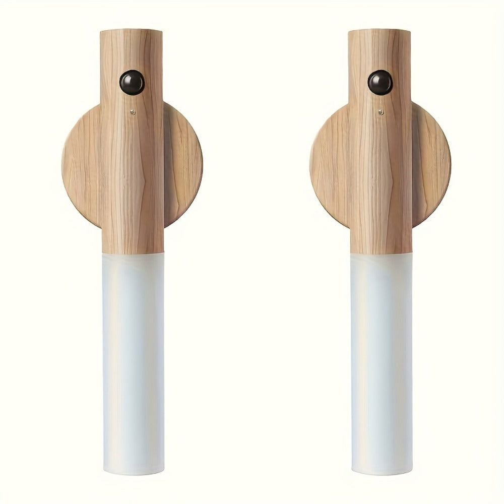 Night Light Motion Sensor Wall Lamp 2-Pack with USB Rechargeable Power, Magnetic Mount and Two Wood-Tone Finishes