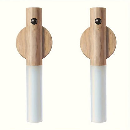 Night Light Motion Sensor Wall Lamp 2-Pack with USB Rechargeable Power, Magnetic Mount and Two Wood-Tone Finishes