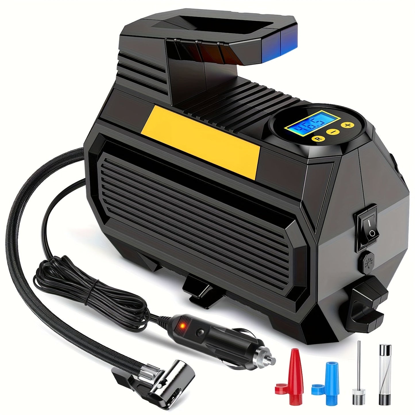12V Portable Tire Inflator with 150 PSI Source Rating, Digital Display, LED and Nozzle Set