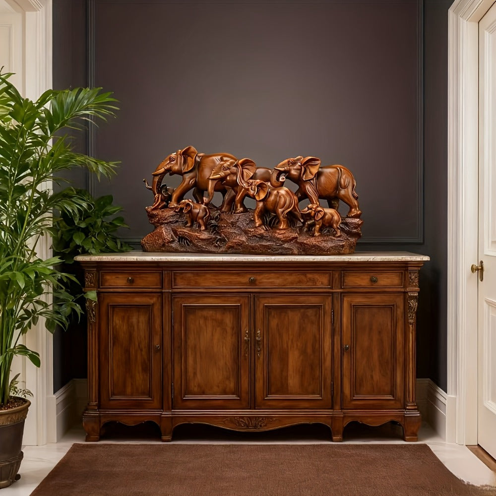 Elephant Family Figurine with Resin Herd Sculpture on Textured Base, 36 x 16 x 10cm Horizontal Shelf Format
