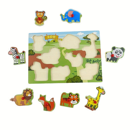 Four-Board Wooden Peg Puzzle Set with Colorful Animal Scenes and Red Knob Pieces for Matching Play