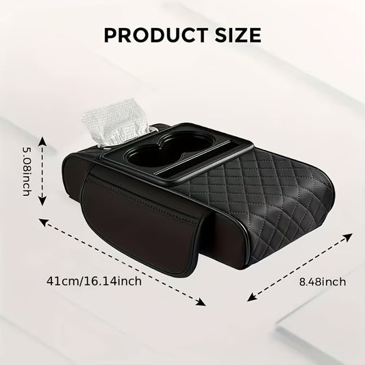 Car Armrest Box Cover PU Leather Center Console Mat – 2 Side Pockets 2 Cup Holders Tissue Storage, Universal Fit Most Car Models, Multi-Function Interior Organizer for Women