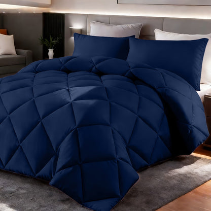 Comforter Set 2-3 Piece Rhombus Grid Luxury - Soft Lightweight Breathable Oversized Bedding Set with Pillowcases, All Season Twin Queen King, 24 Colors Available