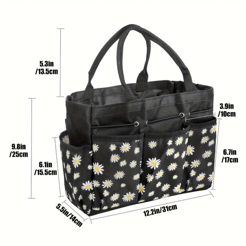Multi-Pocket Garden Tool Organizer Tote with Daisy Pattern and Black or Gray Checkout Color Options