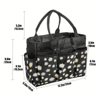 Multi-Pocket Garden Tool Organizer Tote with Daisy Pattern and Black or Gray Checkout Color Options