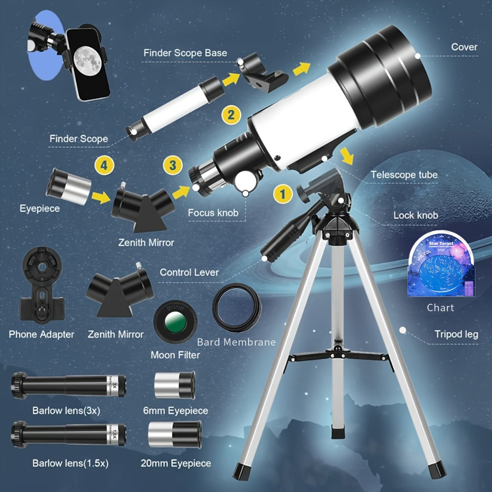 150X Astronomical Telescope 70mm Aperture with Tripod Phone Adapter Wireless Remote Control High Magnification Portable Refractor Telescope for Adults Kids Stargazing Moon Watching