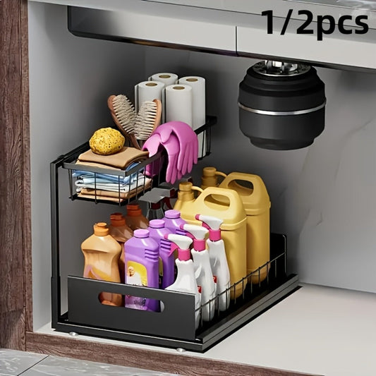 Under Sink Storage Organizer 2-Tier Slide-Out Shelf in 1 or 2 Packs and Three Color Options
