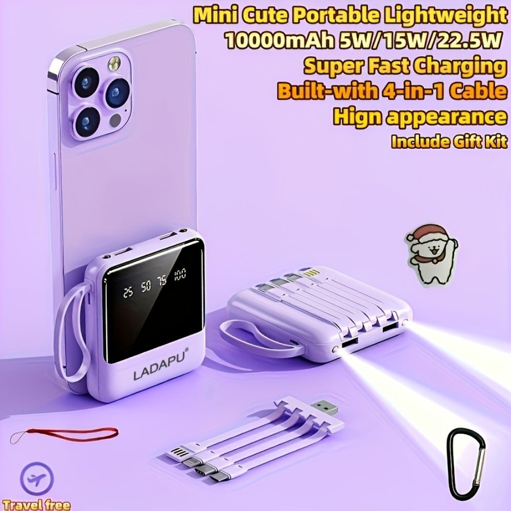 Power Bank 10000mAh with Built-In Cable Set, 5W/15W/22.5W Variants, Display and Lanyard for Travel