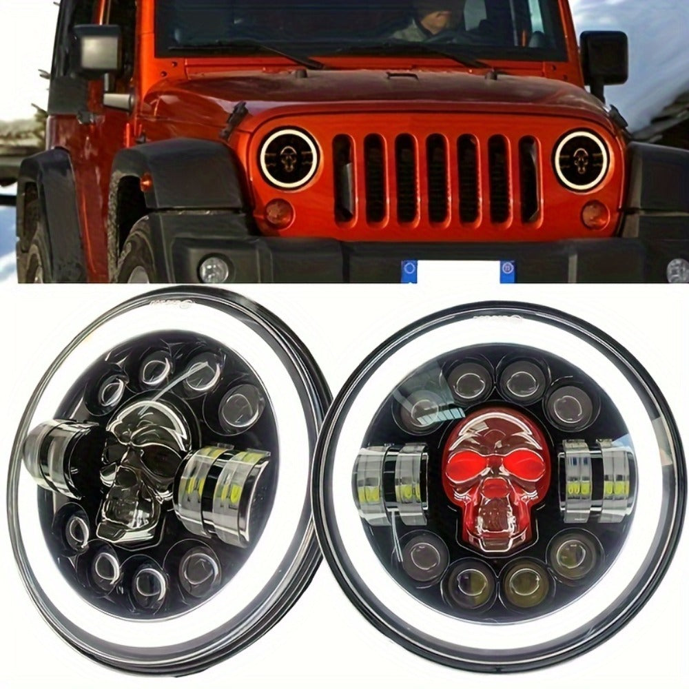 7 Inch Motorcycle LED Headlight Skull Ghost Design - Colorful Demon Eye Round Head Lamp, Custom Car Headlight Modification Front Light for Motorcycle Jeep Truck