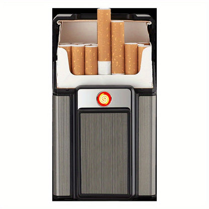Black Pop-Up Cigarette Case with Integrated USB-Rechargeable Electric Lighter and Sliding Cover
