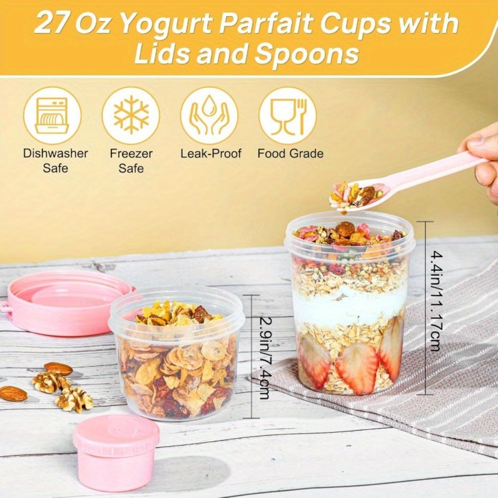 Four-Pack 27 oz Yogurt Parfait Cups with Spoons, Leak-Resistant Lids and Separate Topping Compartments