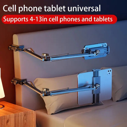 Long-Arm Tablet Stand with Desk Clamp, Two 35 cm Articulating Sections and Rotating 4–13 Inch Device Holder