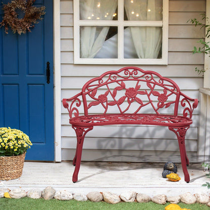 Floral Metal Outdoor Bench with 38.5in Rose-Pattern Seat and Back, Curved Arms and Four Color Options