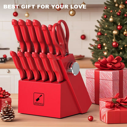 14-Piece Kitchen Knife Set with Japanese 420 Stainless Steel Label, Red Handles, Scissors and Sharpening Block