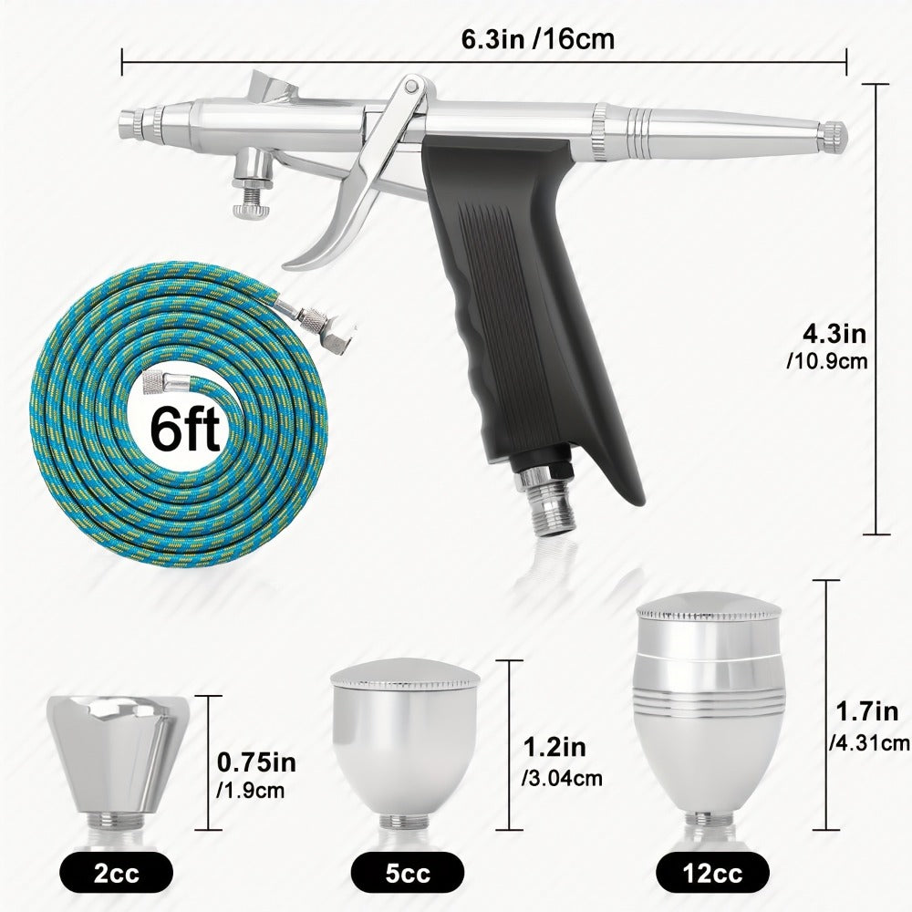 Double-Action Trigger Airbrush Kit with 0.3, 0.5 and 0.8 mm Nozzles, Three Cups and Pictured 6 ft Hose