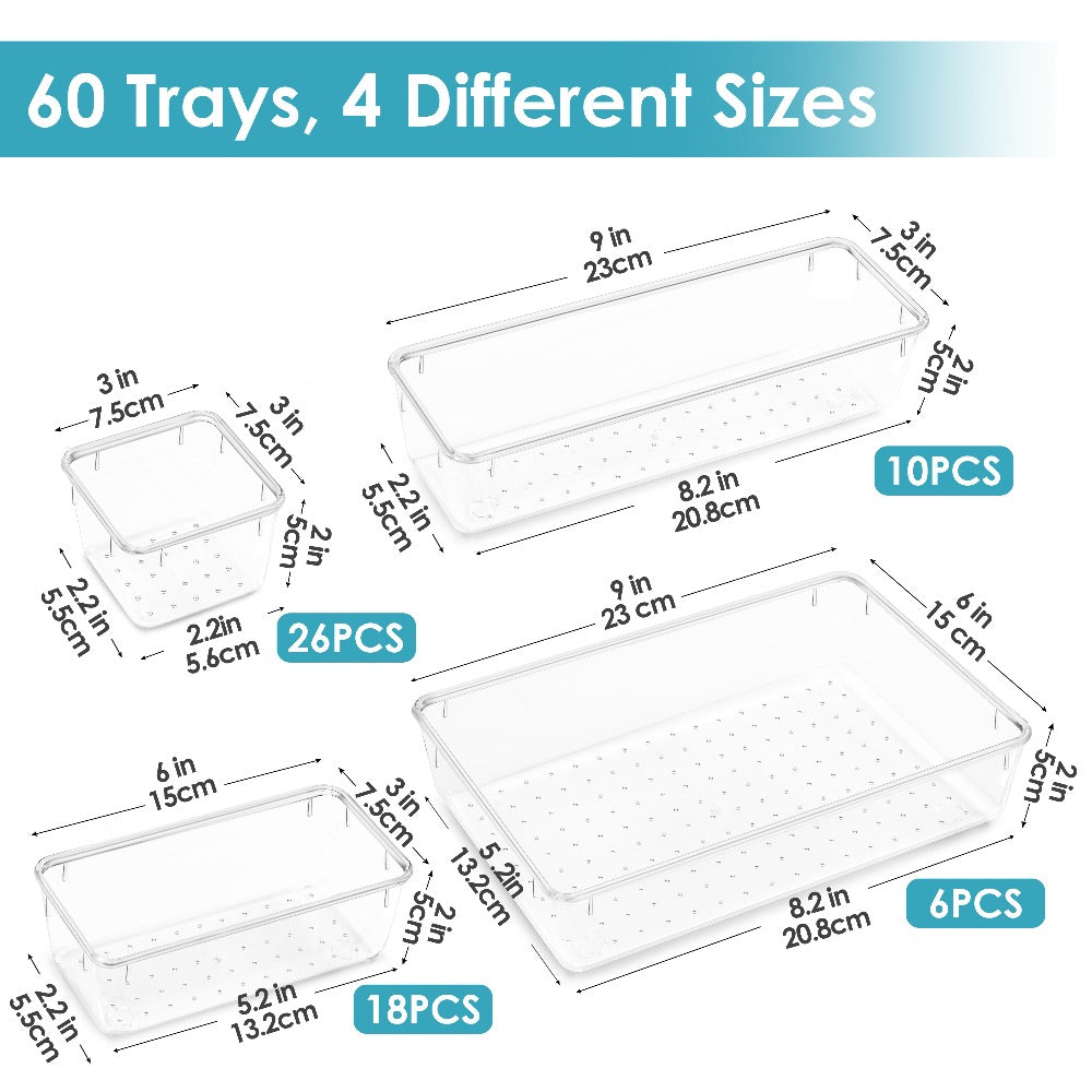 Drawer Storage Organizer Set 60-Piece Clear Plastic Bins in Four Sizes for Desk, Kitchen or Office