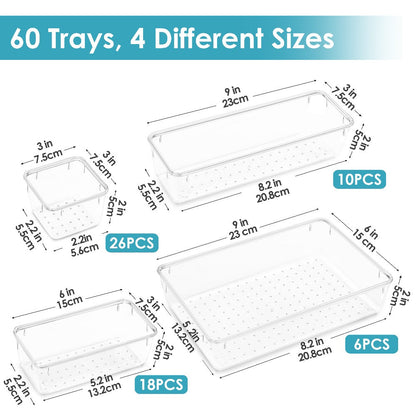 Drawer Storage Organizer Set 60-Piece Clear Plastic Bins in Four Sizes for Desk, Kitchen or Office