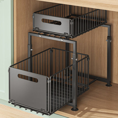 Under Sink Organizer 2-Tier Slide Out – Heavy Duty Metal Cabinet Shelf, Adjustable Space-Saving Storage Rack for Kitchen & Bathroom Cabinets, Pull Out Drawer Organizer