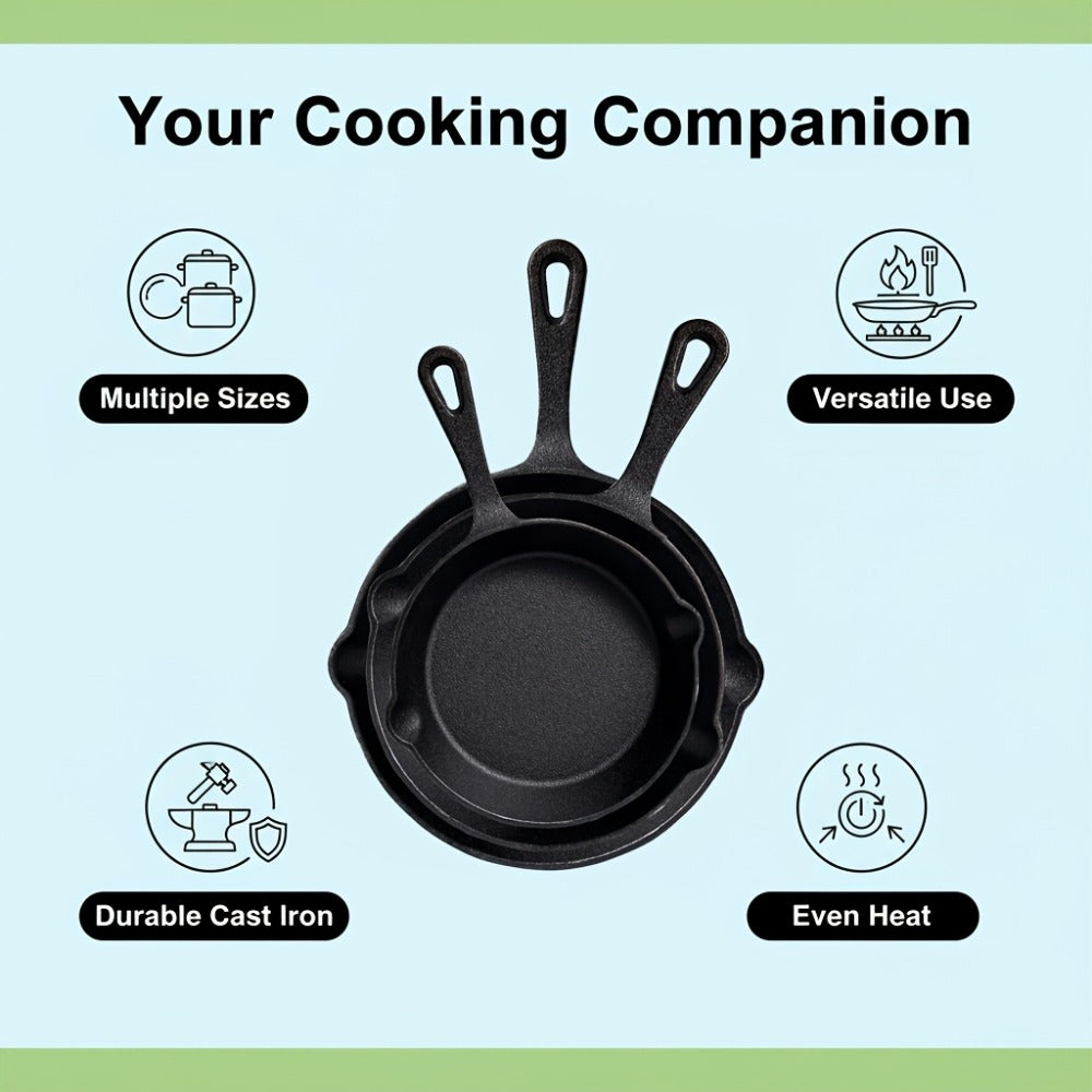 Nested Cast Iron Skillet Set with Long Handles, Pouring Lips and Choice of 3, 4 or 5 Graduated Pans