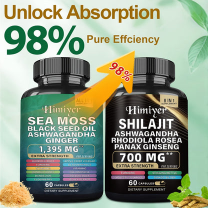 Sea Moss Shilajit Bundle 6-Pack 3-Month Supply with Black Seed Oil Ashwagandha Rhodiola for Bath Time, Home Spa and Personal Care