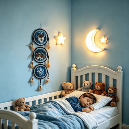 Dream Catcher Wall Decor Wolf Design Boho Bedroom Hanging Decoration – 6 Inch 3-Circle Feather Dream Catcher for Boys Kids Room, Nursery, Halloween, Christmas & Holiday Gift