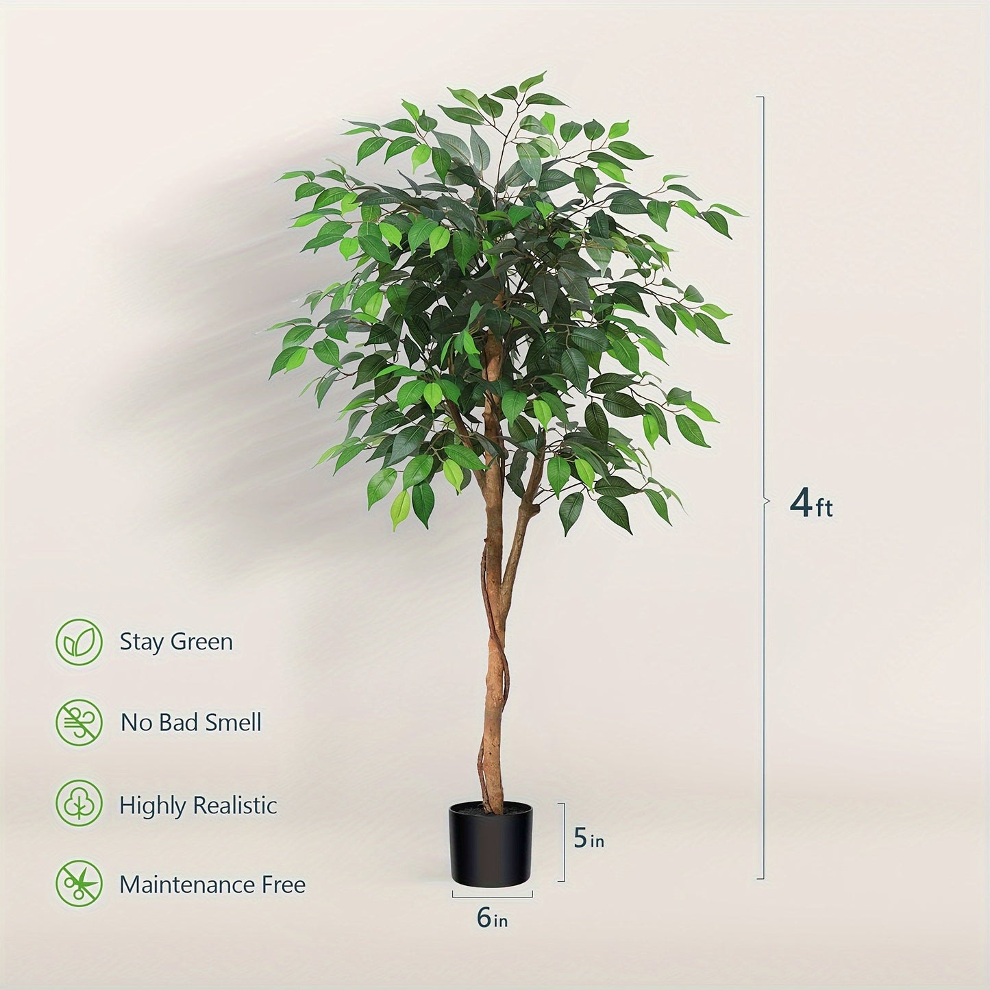 Artificial Ficus Tree Tall Fake Potted Plant Natural Wood Trunk Lifelike Silk Leaves 4FT 5FT 6FT 7FT Indoor Outdoor Living Room Bedroom Office Home Decor No Maintenance