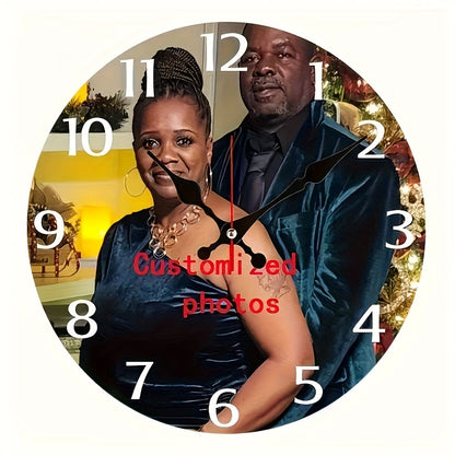 Personalized Custom Photo Wall Clock - Round Wood Silent Clock with Custom Text & Family Name, Self-Assembly, Battery Operated, Unique Mother's Day Gift for Parents, Home Room Decor, 10in 12in