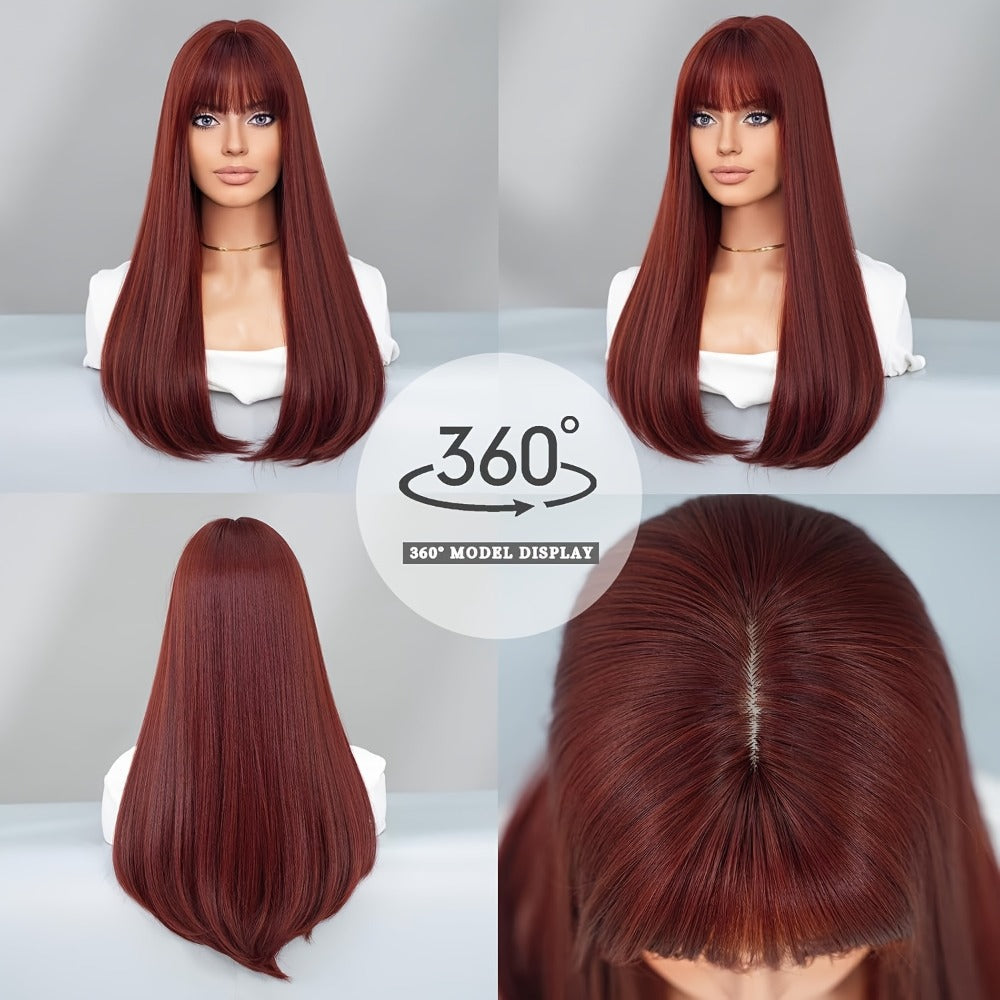 Long Straight Wig with Bangs Burgundy Wine Red 28 Inch Synthetic Heat Resistant Lightweight for Women Daily Wear Holiday Party Cosplay Halloween Natural Look Fashion