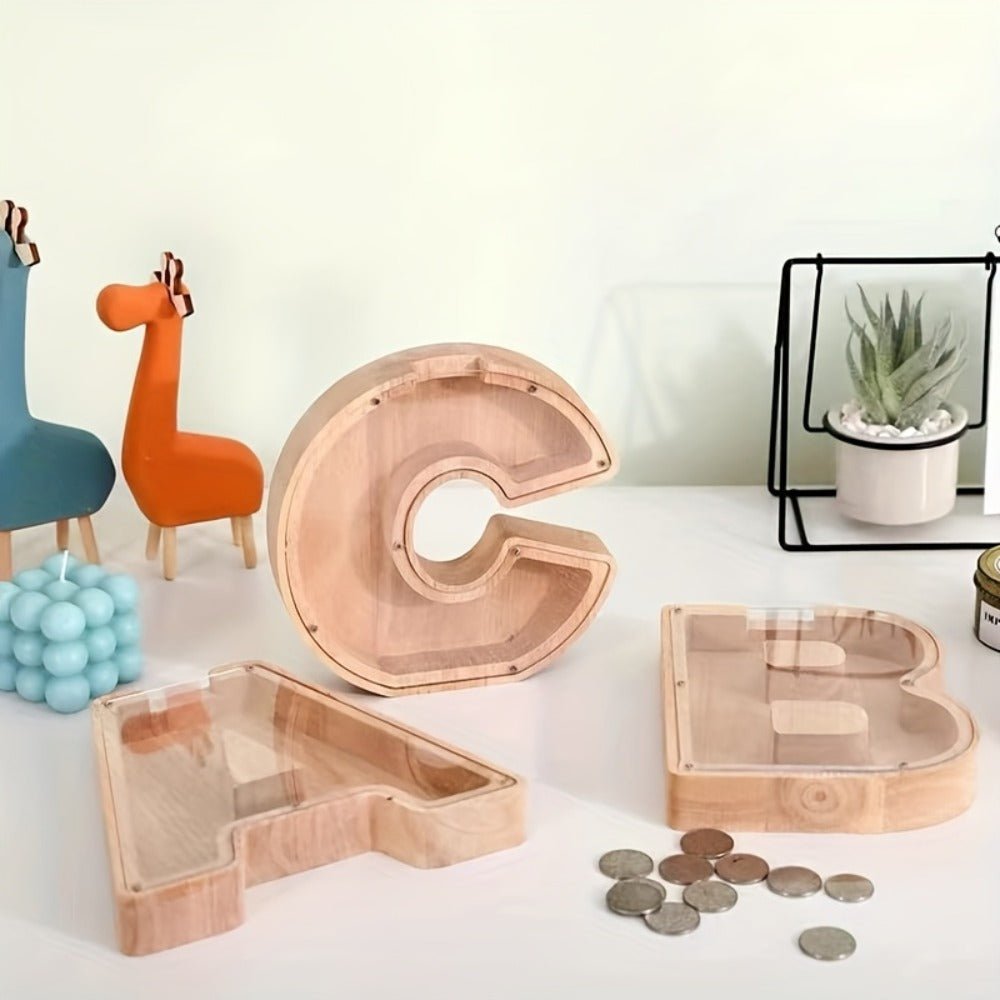 Wooden Alphabet Letter Coin Bank with Clear Front Panel and 23 Fixed Initial Options for Display