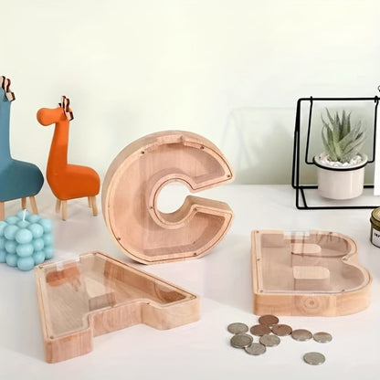 Wooden Alphabet Letter Coin Bank with Clear Front Panel and 23 Fixed Initial Options for Display