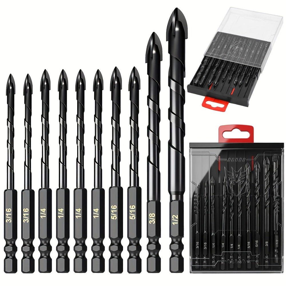 Masonry Drill Bits Set 10pcs – Tungsten Carbide Tip Drill Bits for Tile, Brick, Glass, Ceramic, Concrete, Plastic & Wood | Multi-Material Heavy-Duty Drill Bit Kit for Home Improvement & DIY Projects