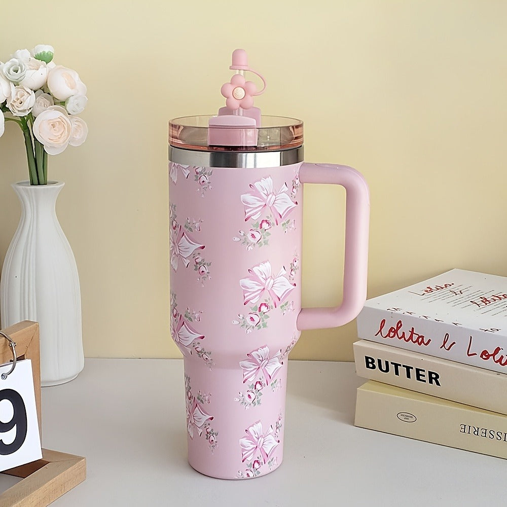 40oz Floral Handled Tumbler with Straw Lid in White, Pink, Blue or Pink Butterfly Checkout Designs